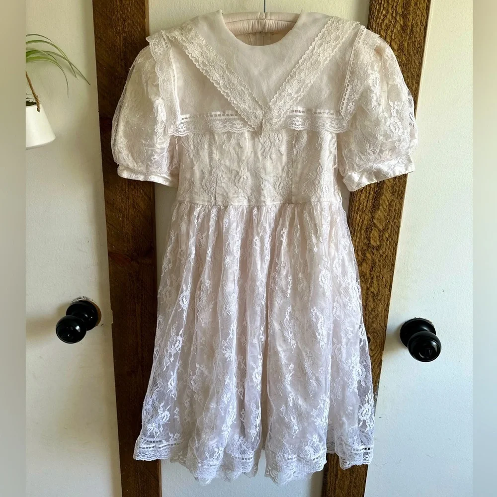 VINTAGE Gunne Sax Jessica McClintock Girls Lace Dress Size 7 Back Zip Lined